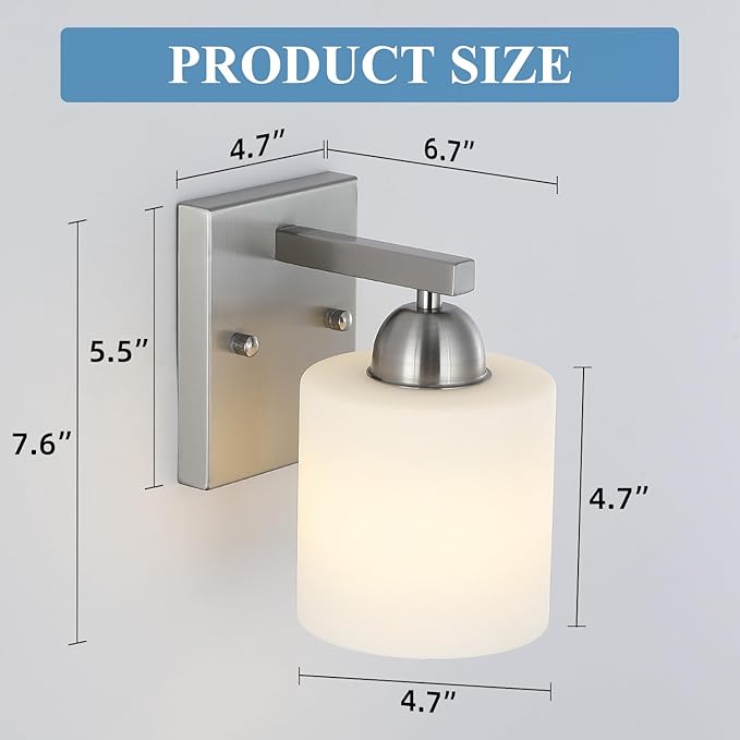 Brushed Nickel Milk Glass Wall Sconces, 1 Pack Hardwired Indoor Wall Light Fixtures for Living Room, Hallway, Bedroom, Ceramic E26 Sockets (Bulbs Not Included)