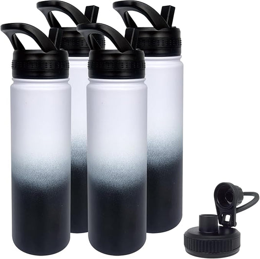 4pack 22 oz Insulated Water Bottle With Straw, Stainless Steel Sports Water Cup Flask with 2 Lids, Wide Mouth Travel Thermal Mug,Black white