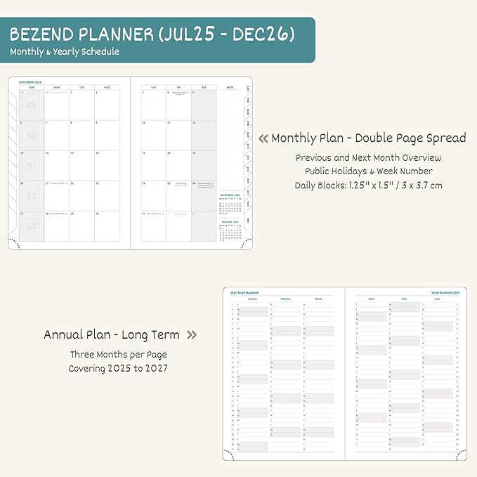 BEZEND Planner 2025-2026 Weekly and Monthly, 5.8" x 8.5" Academic Calendar (Jul 25-Dec 26) Vertical Daily Appointment with Hourly Timeslot & Monthly Tab, PU Leather Hardcover - Black