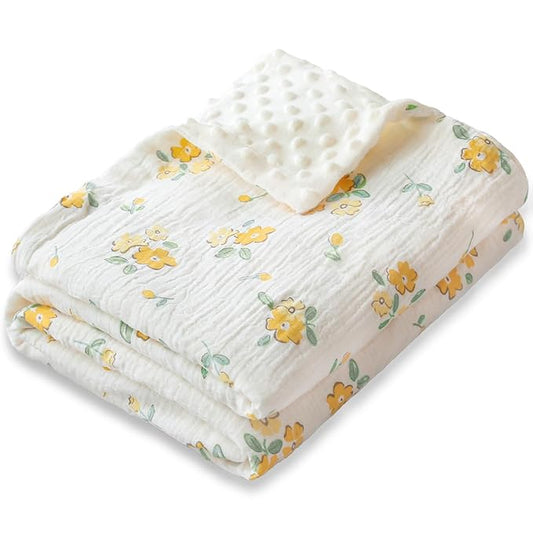 Baby Blankets for Unisex Boys Girls Super Soft Nursery Minky Blankets with Breathable Muslin Cotton Front and 3D Touch Dotted Fleece Backing, Floral Printed Bed Throws Newborn