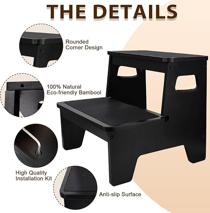Bamboo Two Step Stools for Adults, Portable Step Stool for Pregnant and Adults with Non-Slip Mat, Foldable Step Stool for Kitchen, Toilet, Bathroom, Bedroom, Camping