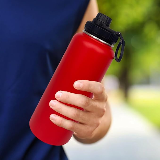 4pack 40 oz Insulated Water Bottle With Straw, Stainless Steel Sports Water Cup Flask with 2 Lids, Wide Mouth Travel Thermal Mug,Red