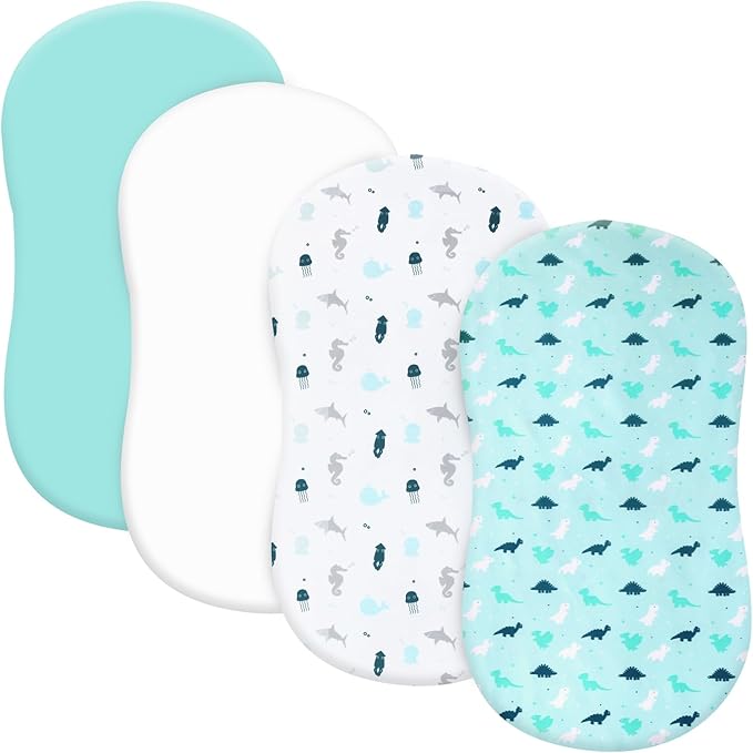 Bassinet Fitted Sheets 4 Pack Compatible with Halo Bassinest Swivel, Flex, Glide, Premiere and Luxe Series Sleeper, Ultra Soft and Skin-Friendly, Aqua Dinosaurs & White Ocean