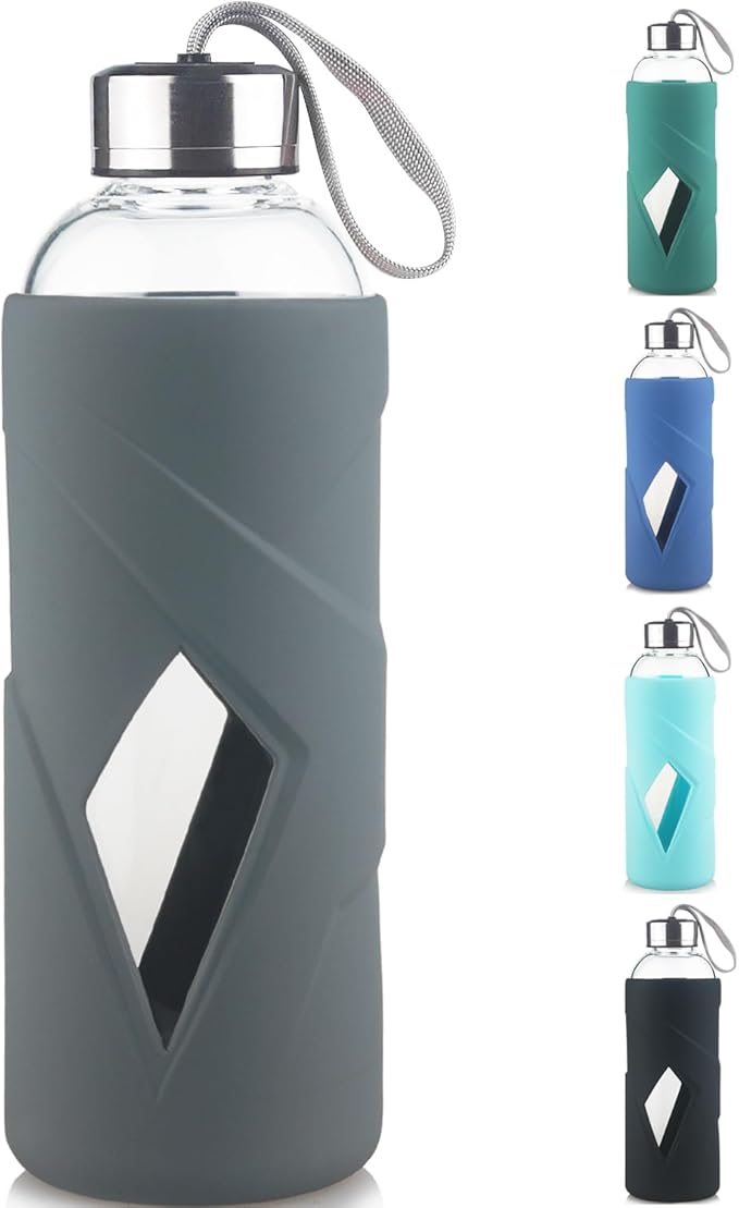 32 oz Borosilicate Glass Water Bottle BPA Free Reusable Glass Drinking Bottle with Silicone Sleeve and Stainless steel Lid