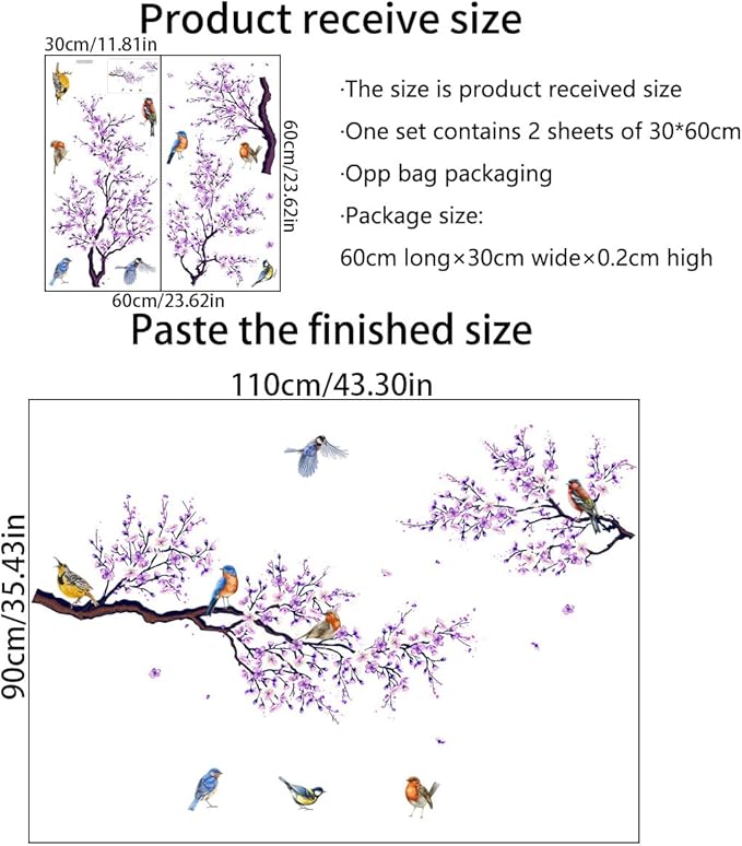 Birds On Tree Wall Decals Purple Flower Wall Stickers Colorful Birds Decals DIY Removable Colorful Flying Bird Tree Wall Art Decor for Kids Baby Bedroom Living Room Nursery Office