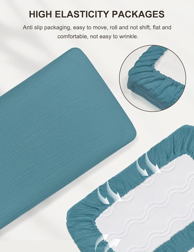 Blue Cotton Pack and Play Sheets Fitted Boy, Muslin Small Pack n Play Mattress Pad Cover, 39"x27" Soft and Breathable Baby Sheets for Pack and Play (46P-06)