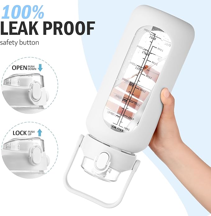 64 oz Glass Water Bottle with Straw and 2 Lids, Half Gallon Water Bottle with Sleeve, Large Insulated 2 Liter Glass Water Jug Time Marker with Handle - White