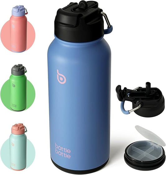 BOTTLE BOTTLE 32oz Insulated Water Bottle Stainless Steel Sport Water Bottle with Straw Dual-use Lid Design for Gym with Pill Box (sky summer)