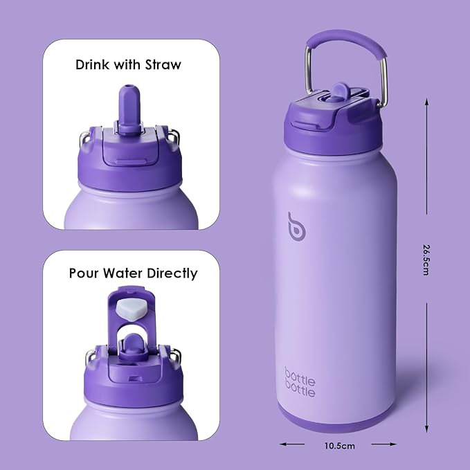 BOTTLE BOTTLE 32oz Insulated Water Bottle Stainless Steel Sport Water Bottle with Straw Dual-use Lid Design for Gym with Pill Box (dark purple)