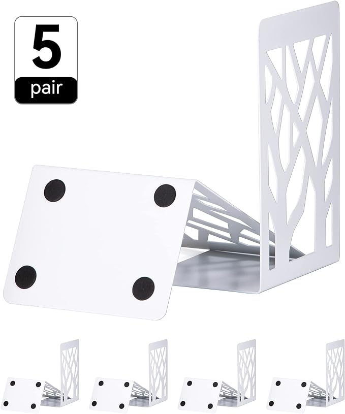 Book Ends, Bookends, Bookends for Shelves, Bookend, Book Ends for Heavy Books, White Metal Book Shelf Holder Home Decorative, Book Stoppers for Shelves, Bookend Supports 5 Pair