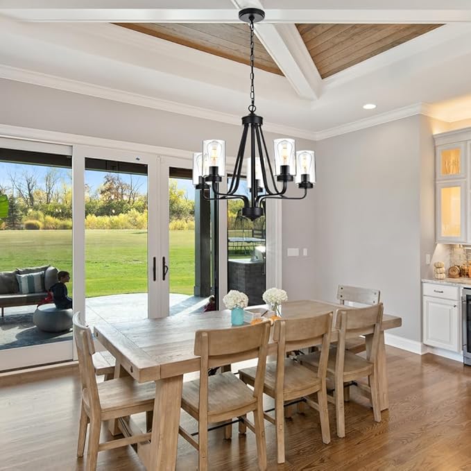 5-Lights Modern Chandelier with Clear Glass Shades, Black Farmhouse Pendant Lighting for Dining Room Kitchen Island Ceiling Light Fixture Haning Over Table