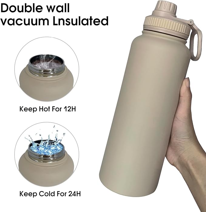 40oz Insulated Water Bottle ，Stainless Steel Sports Water Cup Flask with 2 Lids, Wide Mouth Travel Thermal Mug,Outdoor Sports Bottle（Cream apricot）
