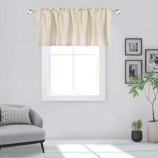 Beige Valance for Windows 42x18 Inch Solid Thermal Insulated Blackout Rod Pocket Kitchen Short Curtain Toppers Valance for Bathroom Living Room 1 Panel