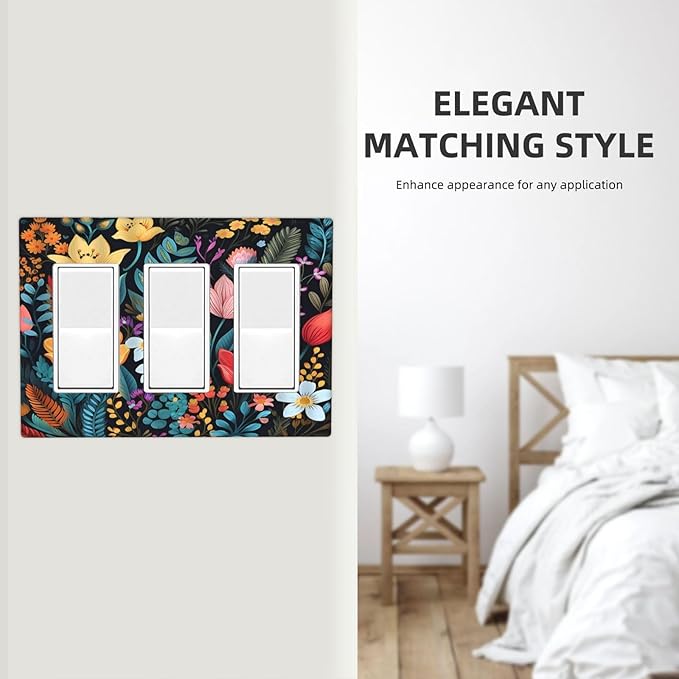 Boho Floral Vintage Flower Leaves Rustic Wildflower Plants 3 Gang Rocker Light Switch Covers Triple Outlet Wall Plate Decorative Switchplate Cover Faceplate GFCI for Country Bathroom Bedroom Kitchen