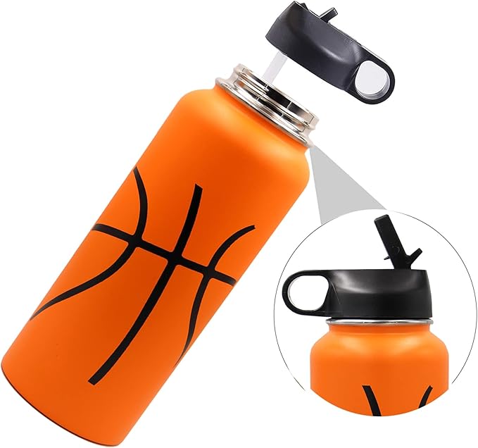 40 oz Basketball Water Bottle, Flask Sports with 2 Lids 18/8 Stainless Steel Travel Tumbler Double Wall Vacuum Insulated Hot/Cold Standard Metal Canteen (40oz, Basketball)