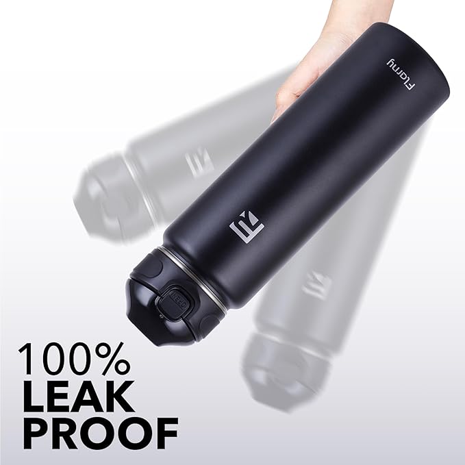 32 oz Insulated Water Bottle with Straw, Stainless Steel Metal Thermos Bottles, Durable Non-Slip Gradient Bottle with Strap for Sports and Travel, Leak Proof (Black Matte)