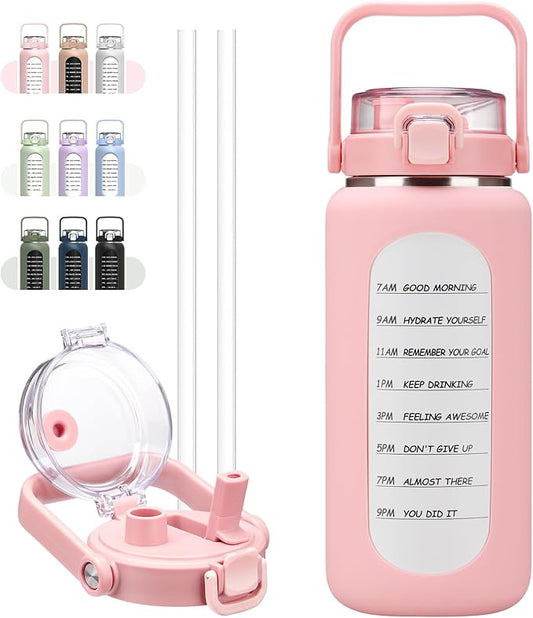 BLUEGO 64oz Insulated Water Bottle with Straw and Handle Leakproof Half Gallon Wide Mouth Motivational Water Bottle, 2-IN-1 Straw Spout Lid Stainless Steel Water Jug for Sport Travel Gym-Pink