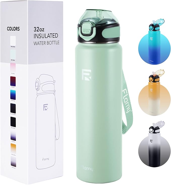 32 oz Insulated Water Bottle with Straw, Stainless Steel Metal Thermos Bottles, Durable Non-Slip Gradient Bottle with Strap for Sports and Travel, Leak Proof (Mint Matte)