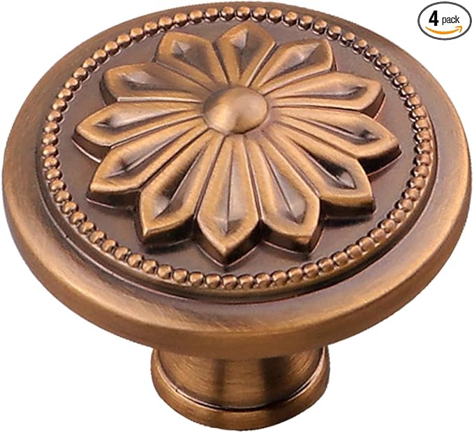 4 Pack Antique Brass Cabinet Knobs Drawer Knobs Vintage,1-2/5" Round Antique Kitchen Cabinet Knobs Handles for Cabinets and Drawers Vintage Brass Dresser Knobs