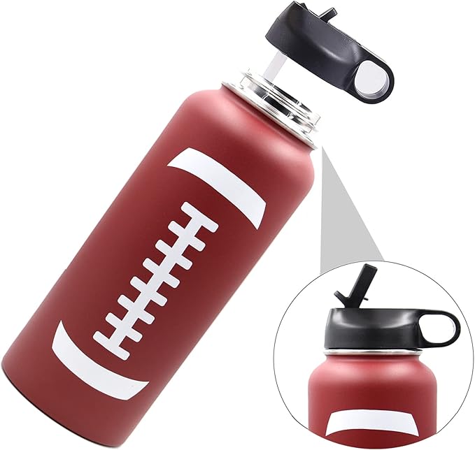 40 oz Football Water Bottle, Sports Water Bottles with 2 Lids 18/8 Stainless Steel Travel Tumbler Double Wall Vacuum Insulated Hot/Cold Standard Metal Canteen (40oz, Football)