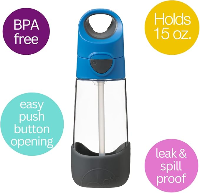 b.box 15oz Tritan Straw Bottle: Kids Water Bottle for Toddlers & Up. Spill Proof, Leak Proof, BPA Free. Great for School/Daycare or Next Step after Sippy Cups (Blue Slate)