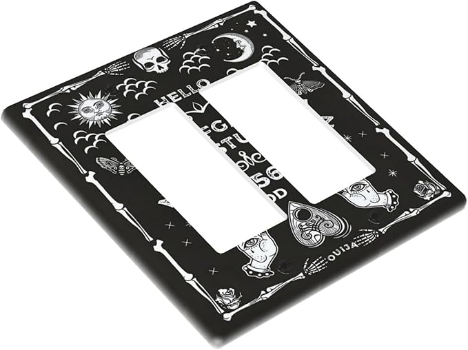 Black Witchy Skeleton Skull Gothic Sun Moon 2 Gang Rocker Decora Novelty Light Switch Covers Decorative Unique Dual Outlet Covers Wall Plate Electrical Faceplate Switchplate GFCI