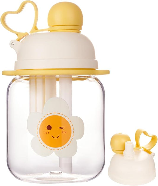 27oz Toddler Water Bottle, Tritan Sports Water Bottle with Straw, Plastic Water Bottle with Soft Strap, Kids Water Bottle for School, Includes Fruit Infuser Strainer, Leak-Proof, BPA Free, Yellow