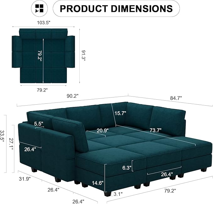 Belffin Modular Sectional Sleeper Sofa Couch with Storage Ottoman Convertible Sectional Couches for Living Room Terry Reversible Chaise. Peacock Blue Sofa