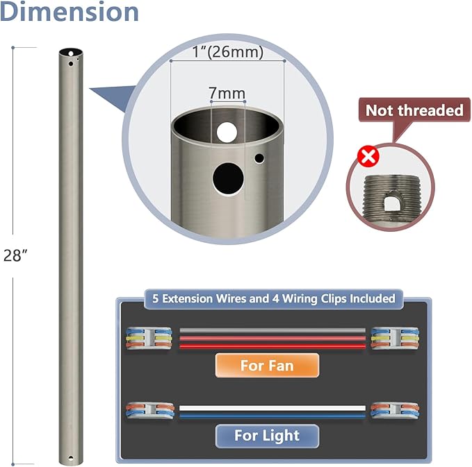 28" Ceiling Fan Downrod, 【1 Outside Diameter】 Brushed Nickel Extended Downrod, including 4 Wire Connectors and 5 Extension Wires (No Threads)