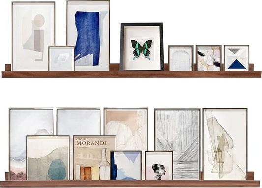 AZSKY 48 Inch Floating Wall Ledge Bookshelf Light Walnut Kids Book Toys Trophy and Family Picture Photo Frames Display Shelves Wall Mounted a Set of 2