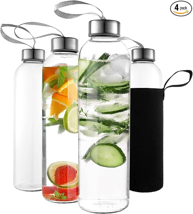 16 Ounce Glass Water Bottles, Reusable Water Bottles with Airtight, Pack of 4, Stainless Steel Lids Carrying Strap And Nylon Water Bottle Protective Sleeves for Hot Or Cold Drinks
