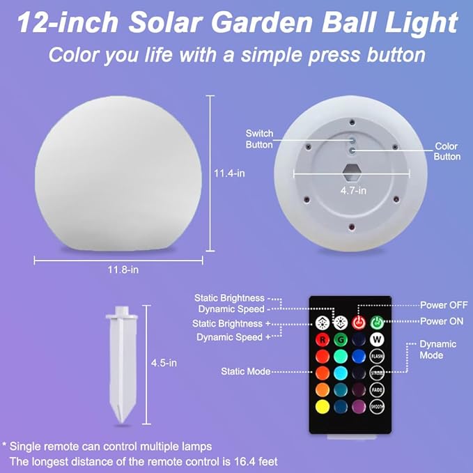 12 Inch Solar Glowing Ball Light Outdoor, Solar Garden Globe Light w/Remote, RGB Color Changing Waterproof Large LED Orb Lights, Landscape Lighting Mood Lamp w/Ground Stake for Patio Yard Lawn Path