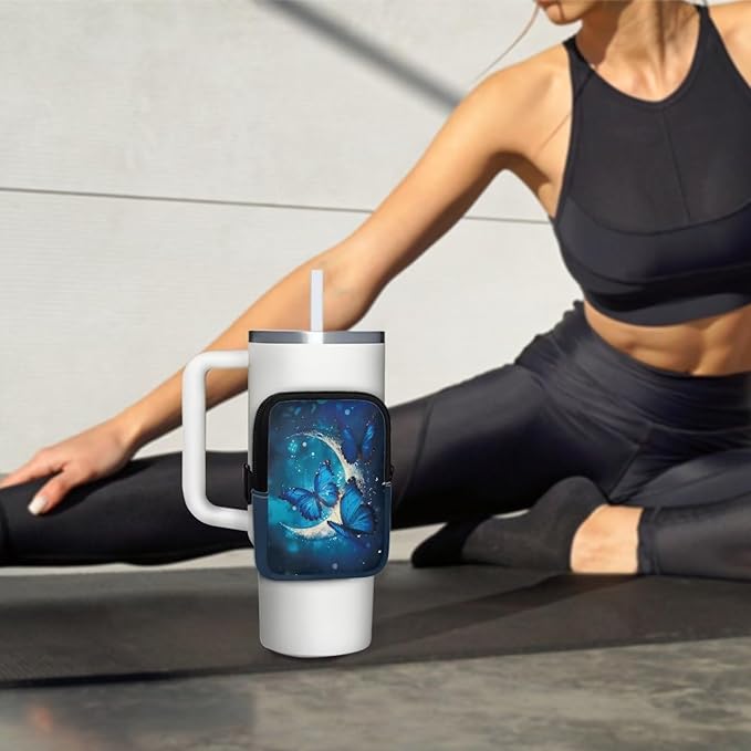 Butterfly Moon Stanley Cup Pouch with Adjustable Strap Water Bottle Storage Bag 20oz-40oz IceFlow Tumbler Pouch for Stanley Accessories