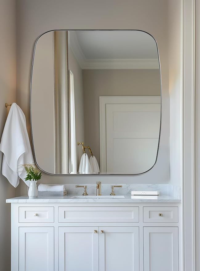 ANDY STAR Chrome Oblong Mirror, 36x40 Inch Polished Chrome Oval Mirror for Bathroom with Stainless Steel Metal Frame, Wall Mouned for Bathroom, Living Room, Entryway