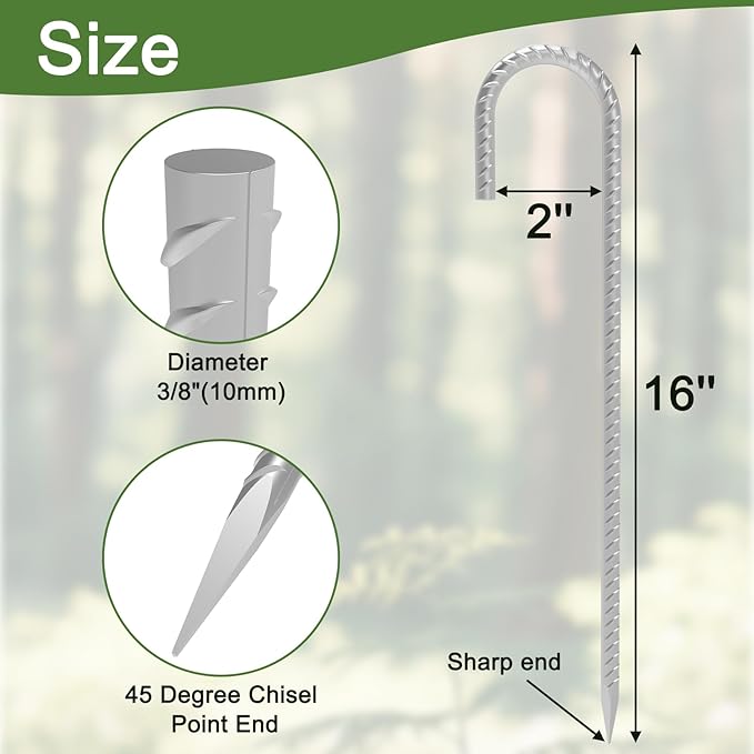 16 Inch 28 Pack Rebar Stakes, 3/8" Diameter J Hook Steel Ground Anchor Stakes, Heavy Duty Galvanized Tent Stakes, Metal Fence Stakes for Outdoor Decoration Yard Inflatables Gardening