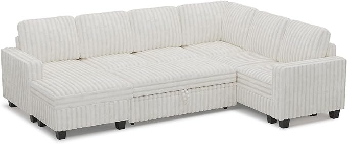 Belffin Corduroy Sleeper Sofa Bed with Storage Chaise Modular Sectional Sofa Couch with Pull Out Bed L Shaped Sectional Couches for Living Room White Couch