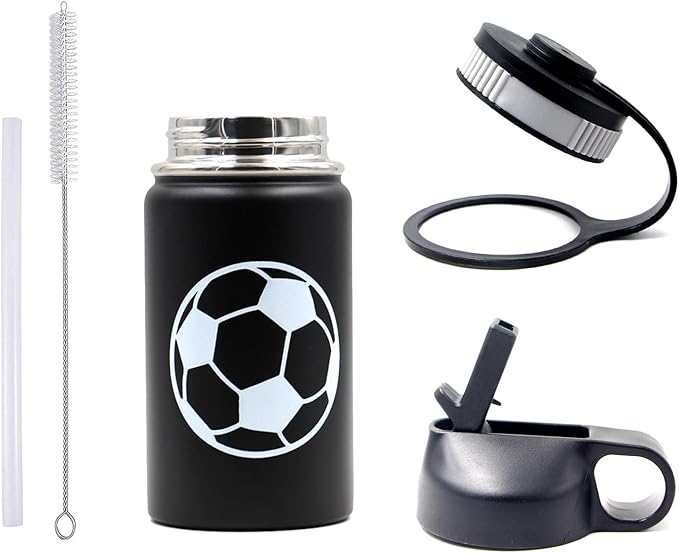 Baseball Softball Water Bottle, Wide Mouth Travel Sports Flask with 2 Lids（Straw Lid+Flex Cap）BPA Free 18/8 Stainless Steel Double Wall Vacuum Insulated Water Bottles (12oz, Soccer)