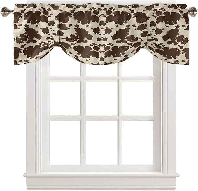 Brown Cowhide Cow Print Blackout Tie Up Valance Curtains for Kitchen Windows Graffie Window Toppers Balloon Shades for Living Room/Bathroom/Bedroom,1 Panel,42" X 18"