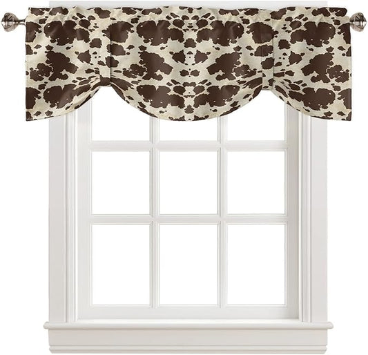 Brown Cowhide Cow Print Blackout Tie Up Valance Curtains for Kitchen Windows Graffie Window Toppers Balloon Shades for Living Room/Bathroom/Bedroom,1 Panel,60" X 18"