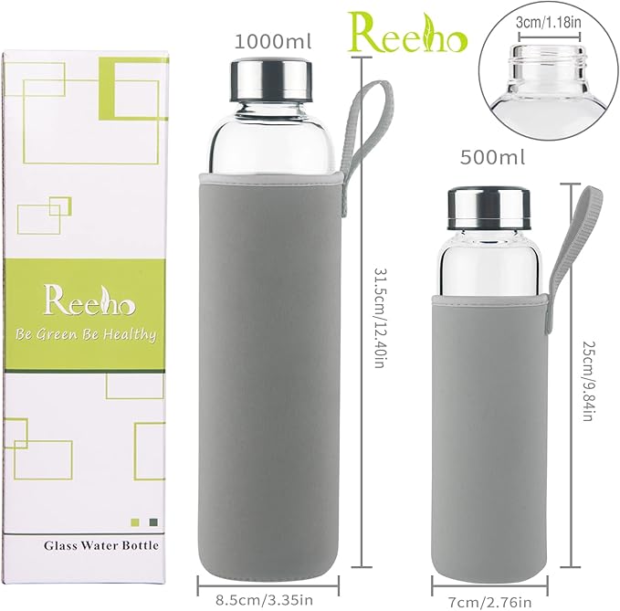 Borosilicate Glass Water Bottle, Sports Glass Drinking Bottle with Neoprene Sleeve and Stainless Steel Lid 16oz / 32oz