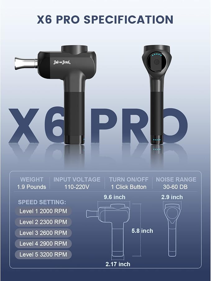 BOB AND BRAD X6 Pro Massage Gun Deep Tissue Percussion with Metal Head Therapy, Professional Muscle Massage Gun for Athletes, Electric Massager Gun for Pain Relief