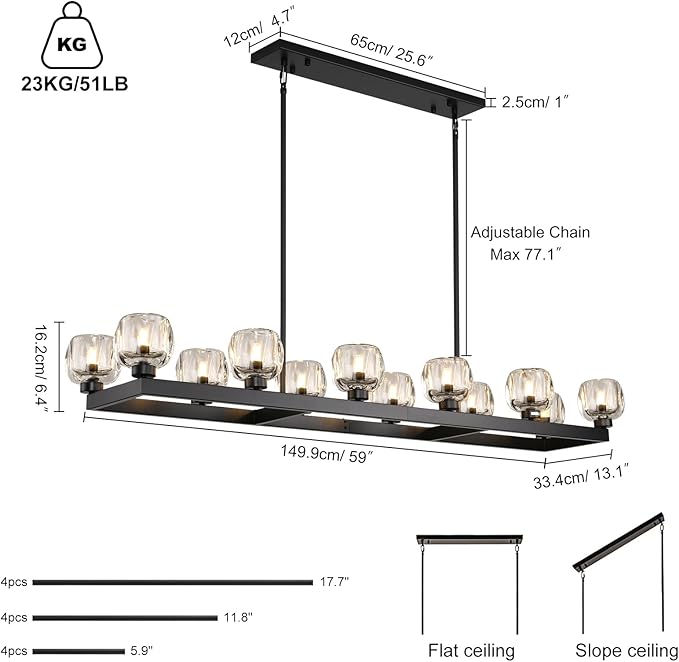59 Inch Black Rectangle Wagon Wheel Chandeliers, Black Chandelier for Dining Room Over Table, Modern Crystal Long Chandelier, Farmhouse Large Linear Chandeliers for Kitchen Island
