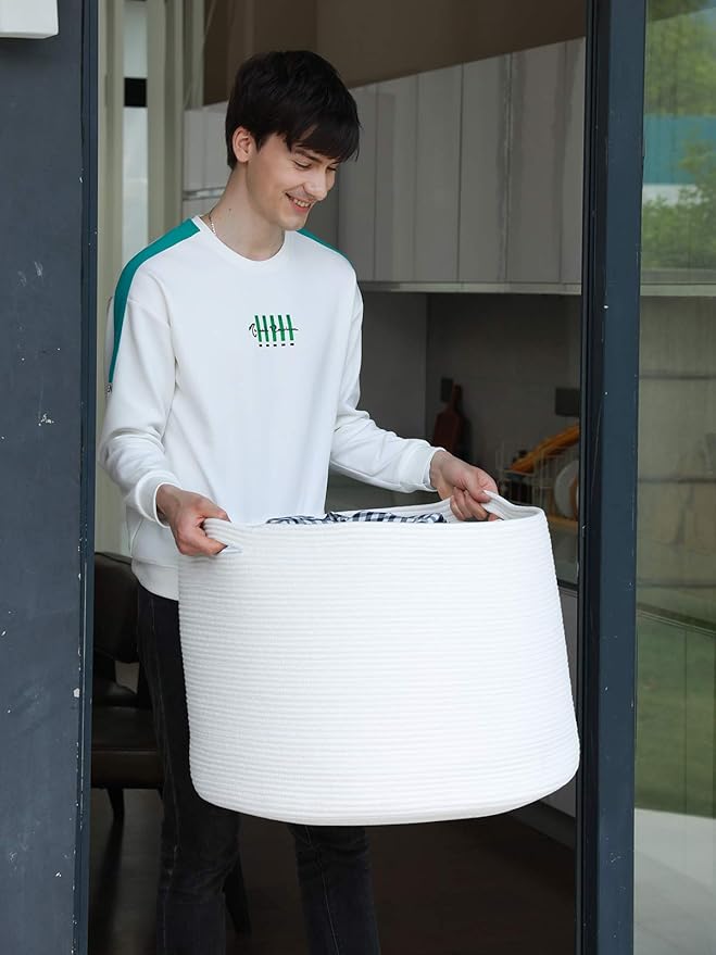 24" x 24" x 17" Max Size Large Cotton Rope Basket, Extra Large Storage Basket, Woven Laundry Hamper, Cloth Storage Bin, for Blankets Clothes Towels Pillows in Living Room, All White