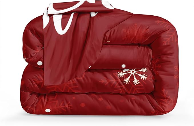Bedbay Merry Christmas Comforter Set Christmas Bedding Queen Size Red Xmas Elk Snowflakes Printed Soft Microfiber Lightweight Fluffy Comforter Set for Boys Girls(Red,Queen)