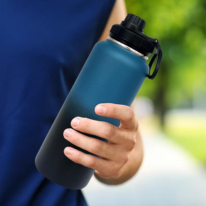 4pack 40 oz Insulated Water Bottle With Straw, Stainless Steel Sports Water Cup Flask with 2 Lids, Wide Mouth Travel Thermal Mug,Navy Black