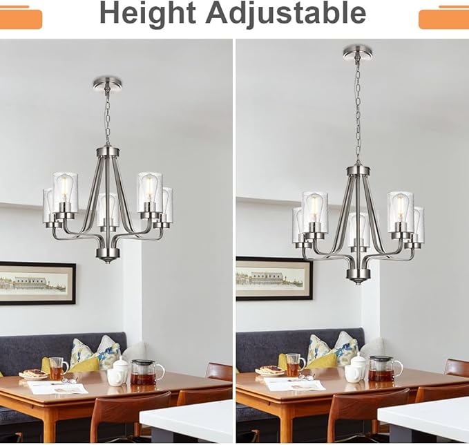 5-Lights Modern Pendant Light Fixtures, Wagon Wheel Dining Room Chandelier in Brushed Nickel, Hanging Ceiling Home Lighting for Foyer Kitchen Bedroom