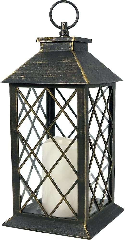Bright Zeal 13.5" Outdoor Candle Lantern Decorative with LED Pillar Candle Battery Powered (Distressed Gold, 6hr Timer) - IP44 Waterproof Decorative Tabletop Lanterns Hanging Lanterns Indoor Outdoor