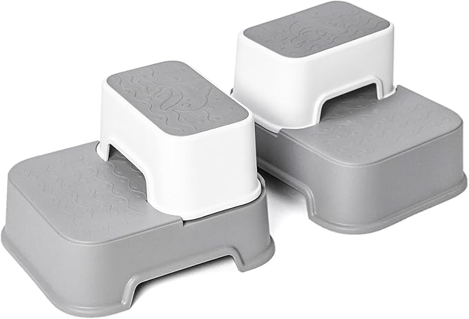 2 Step Stool for Kids (2 Packs),Double up Step Stool for Bathroom,Potty Training,Toilet Stool, Slip Resistant,Two Step Stool for Sink(Grey)