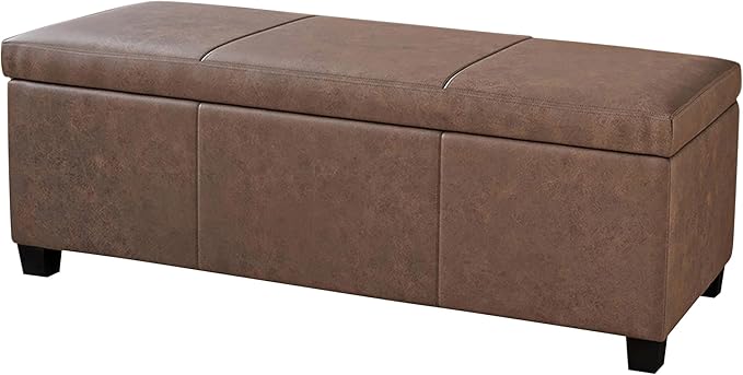 BELLEZE 47 Inch Storage Ottoman, Faux Leather Storage Bench Bedroom Bench with Safety Close Hinge, Ottoman with Storage for Living Room, Entryway, Hallway, Foot Rest, Support 300lbs - Rustic Brown