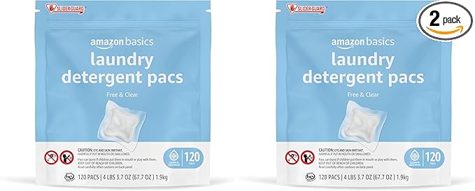 Amazon Basics Laundry Detergent Pods, 120 Pacs for 120 Medium Loads, Free & Clear, (Previously Solimo) (Pack of 2)